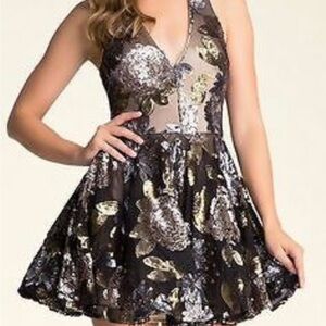 Bebe festive sequin black & gold deep v-neck dress